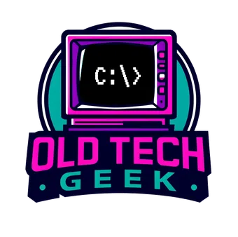 Old Tech Geek — a neon CRT monitor displaying a C:\ prompt
